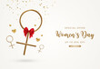 Elegant 8 March banner with gold female symbol and red bow. Vector illustration. Happy Women’s Day.
