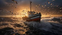The Fishing Boat Returns With Many Seagulls Looking For Food. Generative Ai