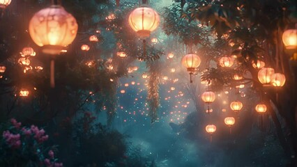 Wall Mural - a symphony of lanterns hang delicately above casting a magical spell over a serene garden evoking a 