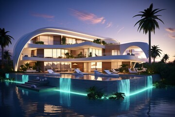 Wall Mural - A futuristic mansion with swimming pool