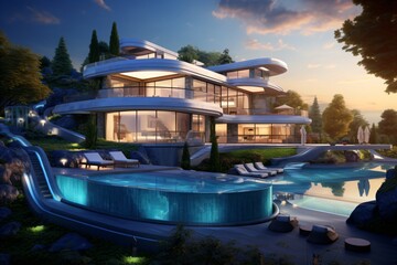 Wall Mural - A futuristic mansion with swimming pool