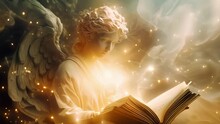 A Serene Angel Surrounded By Floating Books And Orbs Of Light Their Fingers Tracing Intricate Patterns In The Air As They Read From A Scroll Of Lost Knowledge. Their Celestial