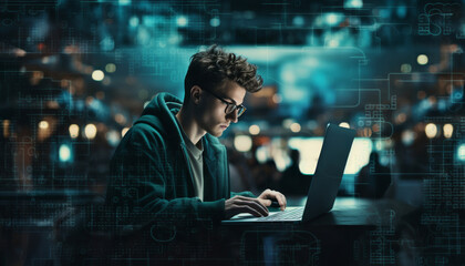 Wall Mural - Hacker or programmer man working with a laptop on the desk surrounded by blue glowing data network. Cybersecurity, cyberattack, cybercrime concept. Generative AI.