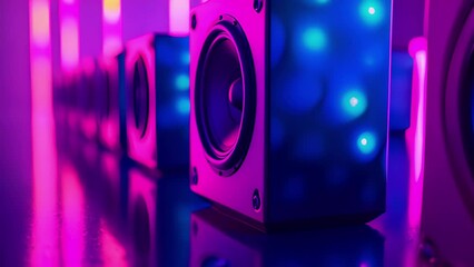 Wall Mural - A mesmerizing shot of a row of speakers lined up on a stage each one glowing with a colorful neon light and pulsing to the infectious rhythm of the music.