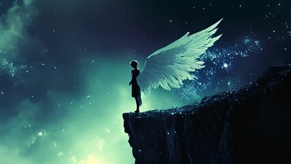 Wall Mural - a gothic angel stands on the edge of a cliff their wings spreading wide as they prepare to take flig