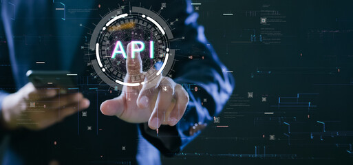 Leinwandbilder - API Application Programming Interfaces. Developers use smartphones with apps that connect to API processed data and return it automatically. Technology concept data connection between software.