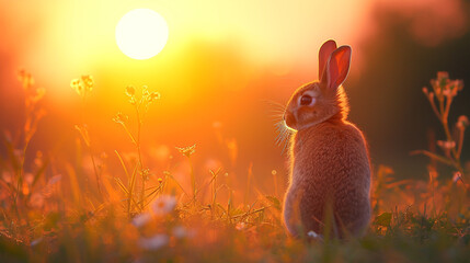 Wall Mural - A rabbit standing alert at the edge of a forest, silhouetted against a setting sun