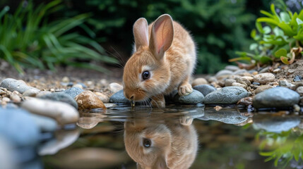 Wall Mural - A rabbit's reflection in a still pond as it leans over to drink, surrounded by pebbles and water plants