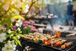 First spring bbq in a yard with skewers and vegetables on a barbecue next to blooming flowers
