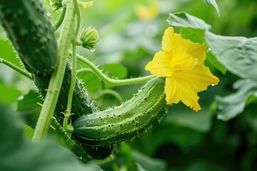 Wall Mural - Young plant cucumber with yellow flowers. Juicy fresh cucumber close-up macro on a background of leaves.