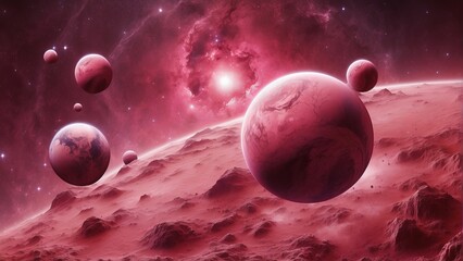 Wall Mural - the planet landscape in pink color with a luminous planet in the sky minimalism.abstract landscape o