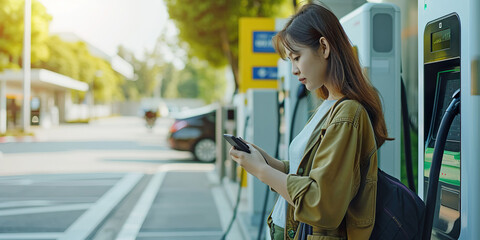 Woman using smartphone paying service in app on blur EV car charging at electric car charging station