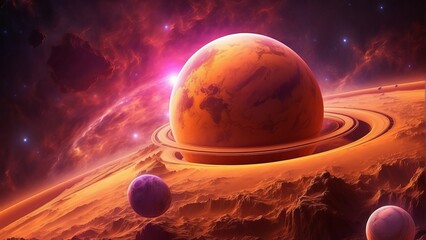 Wall Mural - abstract cosmic background featuring nebulae and a pink cloud atmosphere, along with a planet adorne