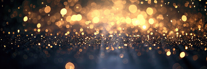  a dark gold background with stars. Suitable for celestial, festive, or glamorous design projects such as invitations, holiday-themed graphics.glitter lights. de focused. banner.bokeh blur circle
