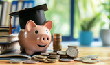 Fototapeta  - piggy bank wearing graduation cap, coin and book on a table. graduation suit hat. students loan issue.