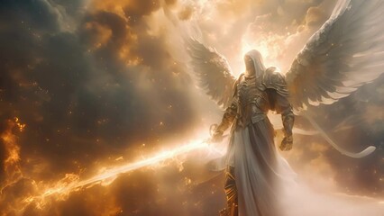 Wall Mural - a divine protector with a halo of flame and a sword of light defending the very essence of storytell