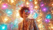 © Natalia S. - Very Happy stylish woman in bright shiny clothes and glasses celebrate event at a disco party among shiny colorful confetti. Party mood day