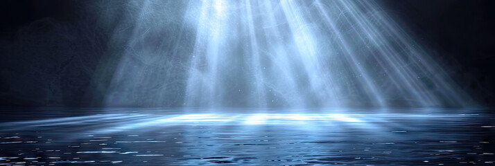 empty room, wet asphalt ,water surface ,reflection of neon spotlights, a searchlight, smoke. abstrac