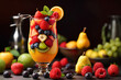 Fruit cocktail in glass with berries and fruits on dark background.