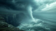 The formation of a waterspout over the ocean near a cliffside, with the sea churning below and dark clouds gathering above