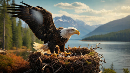 Experience of witnessing a bald eagle's controlled descent onto a lakeside nest and convey the significance of the moment as the eagle provides a glimpse into the circle of life in the natural world