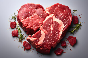 fresh beef meat in the shape of a heart on a dark background. nutrition and protein foods. kitchen and cooking