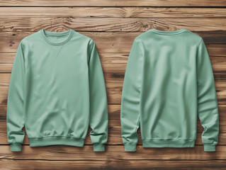 Wall Mural - Blank Mint green Long Sleeve T Shirt Mockup Front and back on Wooden aesthetic Background. mint T-Shirt Template