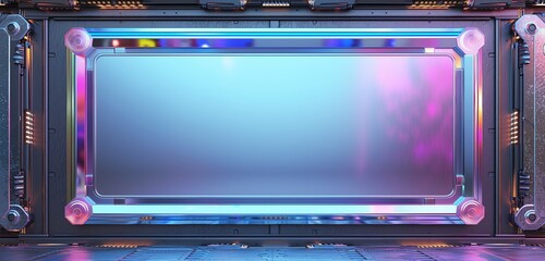 An empty frame mockup with a sleek, holographic foil border, set against a futuristic, metallic backdrop.