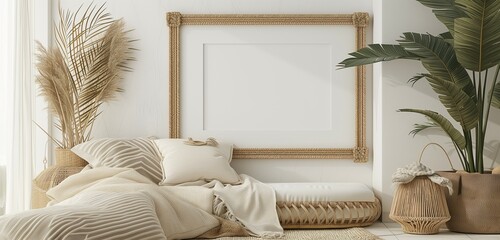 A set of empty frame mockups with a woven, rattan-style border, complementing a bohemian, natural interior