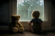 A kid sitting with bear doll alone waiting for parent to come home.