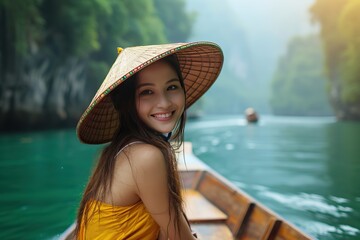 Young Asian woman in traditional hat on a boat. The concept of travel and culture.