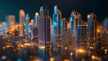 A hologram of a city skyline brings to life an investors diversified portfolio with buildings representing different stocks and ets.