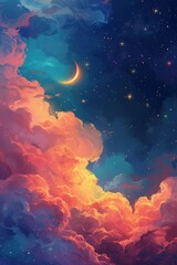 Wall Mural - radiant ramadan kareem, a background adorned with crescent, stars, and glowing clouds, illuminating 