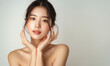 © A_visual - Beautiful young Asian woman, white, smooth, clean face. Studio atmosphere, advertising concept for cosmetics, spa, beauty clinic, Generative AI