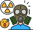 Human phobia, mental health and anxiety, radiophobia psychology problem outline color icon. Radiation fear or phobia problem, mental disorder and anxiety thin line vector sign with person in gas mask