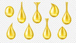 Realistic oil drops. Isolated 3d vector set of small, yellow liquid spheres of hydrophobic substance. Shiny fluid amber colored dews of honey, fuel, collagen, beauty, cooking or lubrication production