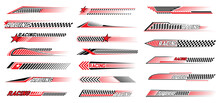 Red Race Sport Car Stripe Stickers, Racing Line Decals. Bike Championship Victory Or Wining Banners, Car Race Competition Checkered Flag Pattern Or Motocross Sport Decals With Finish Or Start Flag