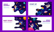 © Vector Tradition - Cartoon space posters. Space travel, astronomy science or galaxy research vector banners. Business startup horizontal posters with kid astronaut character flying on rocket, UFO and galaxy planets
