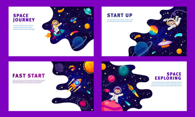 Wall Mural - cartoon space posters. space travel, astronomy science or galaxy research vector banners. business s