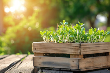 Canvas Print - Wooden crate with sprouts in the garden