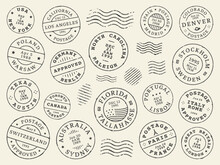 Postage And Postal Stamps And Mail Post Labels, Country Vintage Letter Or Postcard Vector Icons. Retro Postage Or Postmark Stamps With Date Seal From New York, Australia Sydney Or Texas And California