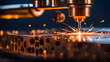 Macro scene of hi-precision nano CNC milling machine cutting the copper electrode material and sparks. Exhibitions and trade shows, new year new technology, engineering and machinery showcases.