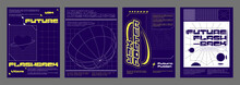 Y2k Aesthetic Posters Set. Vector Illustration Of Retrowave Style Banners With Yellow Geometric Wireframe Shapes, Heart, Globe, Perspective On Blue Background, Retro Futuristic Vibe Flyer Templates