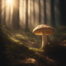 Detailed Macro Image Of A Mushroom In A Forest With Bokeh Background And Dramatic Lighting.