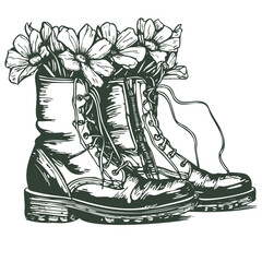 Sticker - Cowboy boot with Flowers isolated on a white background. Sketch hand drawn vector close-up illustration for design