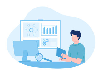 Wall Mural - A worker is analyzing business market improvement charts concept flat illustration