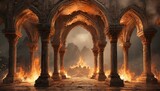 Fototapeta  - Ancient classic architecture stone arches with flames
