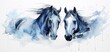 A white watercolor sketch of a pair of blue horses
