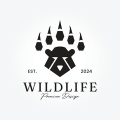 Wall Mural - bear head, adventure logo and footprints predator badge logo vector illustration design