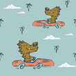 Crocodile on car funny cool summer t-shirt seamless pattern. Road trip vacation print design. Beach tropical travel